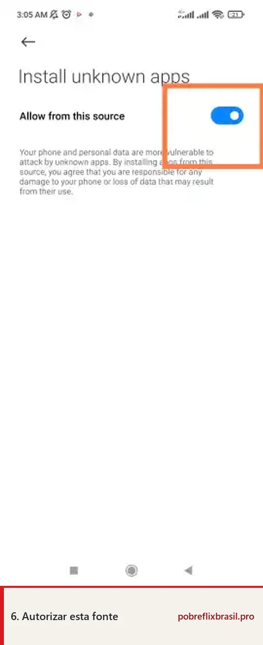 Pobreflix APK para Android: Download Grátis e Guia de Instalação 9 Tela Install unknown apps com o controle Allow from this source ativado