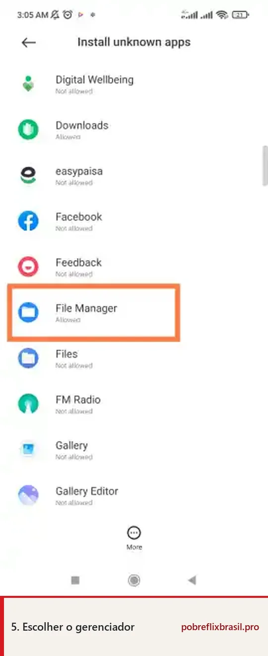 Pobreflix APK para Android: Download Grátis e Guia de Instalação 8 Lista do Android com o gerenciador de arquivos selecionado para instalação de aplicativos