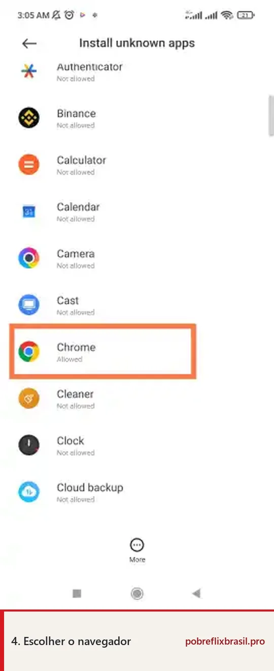 Pobreflix APK para Android: Download Grátis e Guia de Instalação 7 Lista do Android com o navegador Chrome selecionado para gerenciar instalação de aplicativos