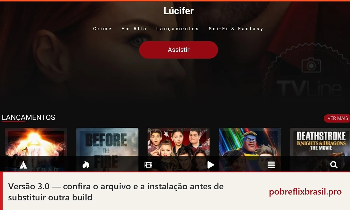 Pobreflix 3.0 APK: quando esta versão faz sentido 1 Tela do Pobreflix com detalhes de um título, botão de reprodução e atalhos de navegação