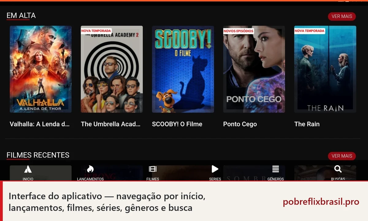 Tela do Pobreflix com áreas de navegação, filmes, séries, gêneros e busca