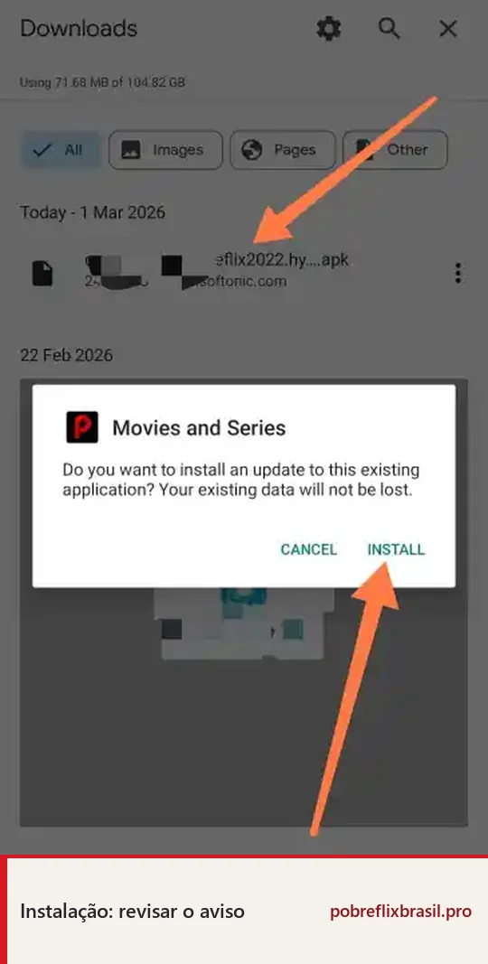 Pobreflix APK para Android: Download Grátis e Guia de Instalação 2 Tela de downloads com aviso do Android perguntando se deseja instalar uma atualização