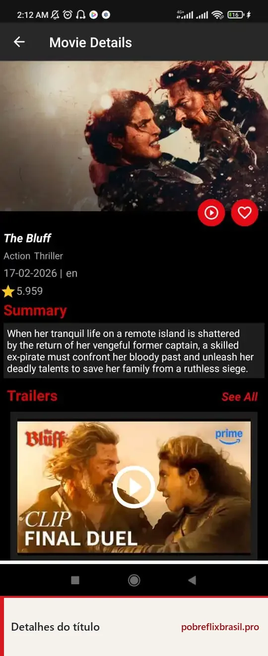 Pobreflix APK para Android: Download Grátis e Guia de Instalação 13 Tela de detalhes de um título com resumo, reprodução, favorito e trailers