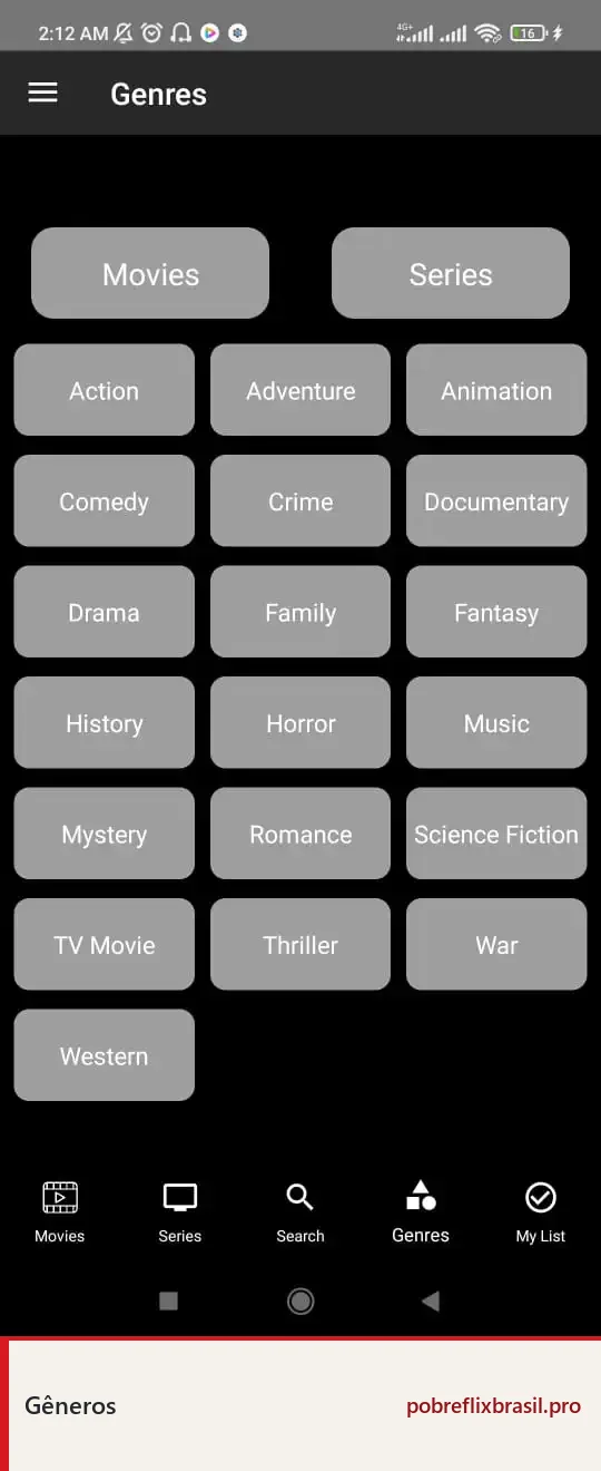 Pobreflix APK para Android: Download Grátis e Guia de Instalação 14 Tela Genres do aplicativo com botões de categorias de filmes e séries