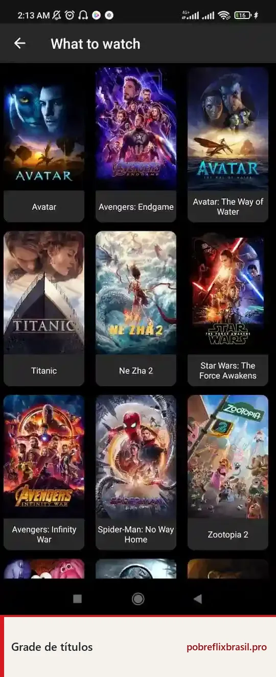 Pobreflix APK para Android: Download Grátis e Guia de Instalação 10 Grade do aplicativo com capas e nomes de vários títulos