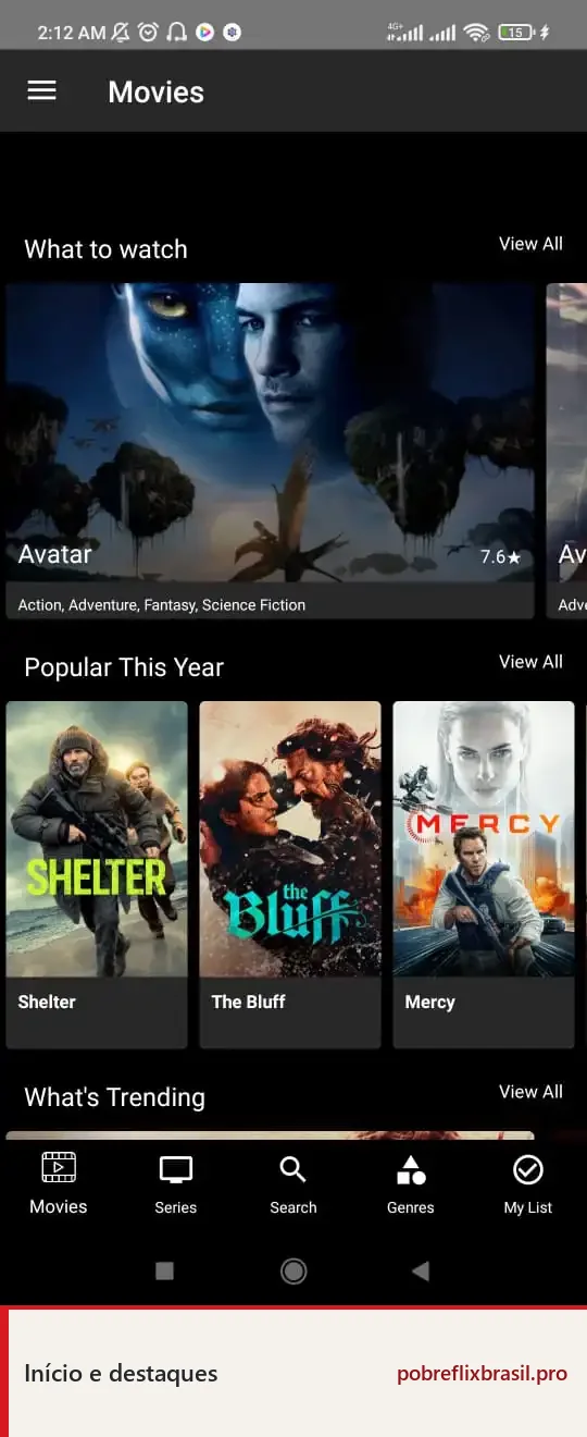Pobreflix APK para Android: Download Grátis e Guia de Instalação 11 Tela Movies do aplicativo com destaques, títulos populares e navegação inferior