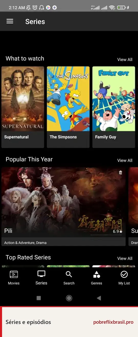 Pobreflix APK para Android: Download Grátis e Guia de Instalação 12 Tela Series do aplicativo com títulos, avaliações e navegação inferior