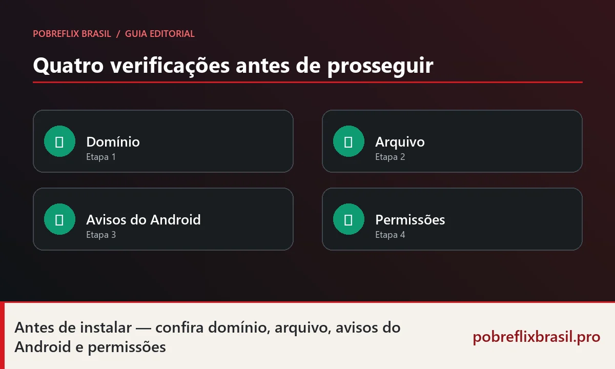 Pobreflix é seguro? O que conferir antes de instalar 1 Checklist visual de domínio, arquivo, avisos do Android e permissões